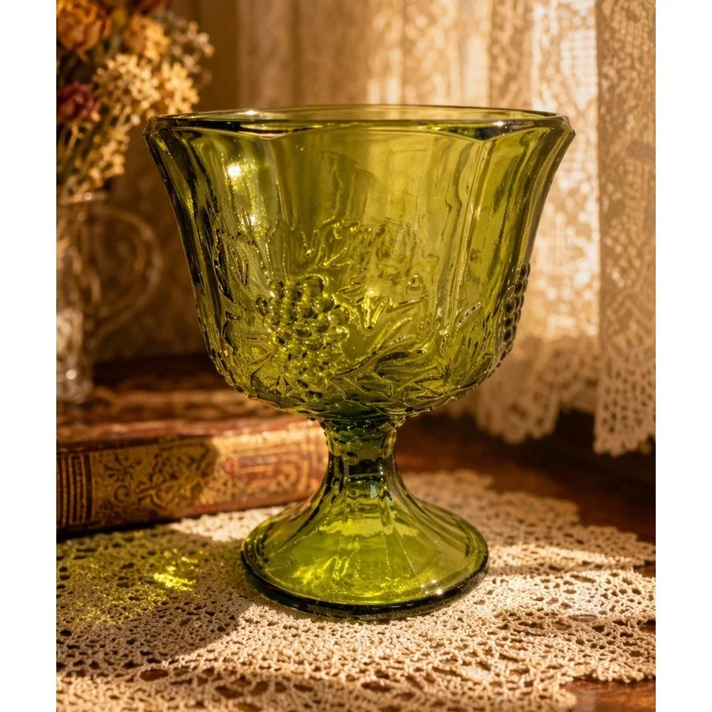 Vtg Glass Compote‎ Bowl Olive Green Harvest Grape Embossed Pedestal Dish